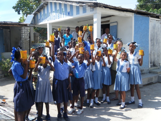 Kids with recycled containers